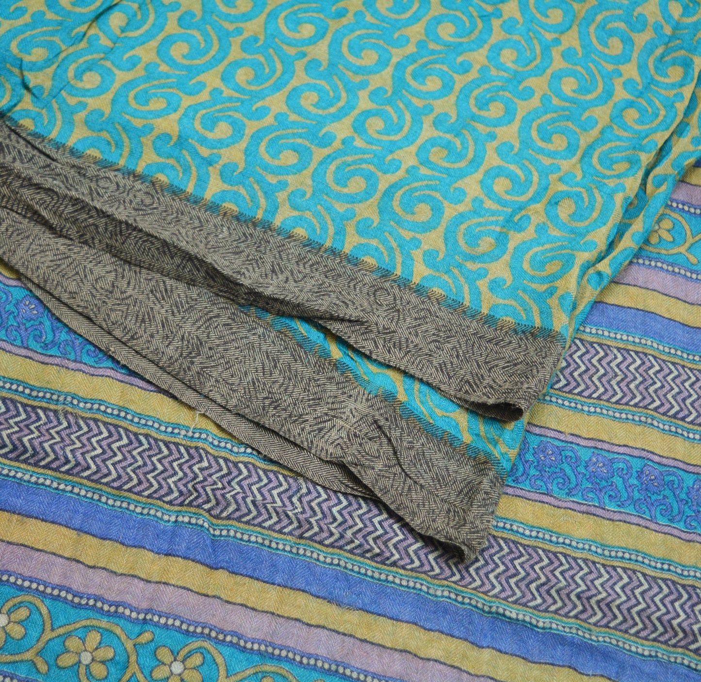 Vintage Blue & Green Heavy Saree Pure Woolen Woven Printed Indian Sari Soft Warm Fabric 5Yard Floral Woven Border