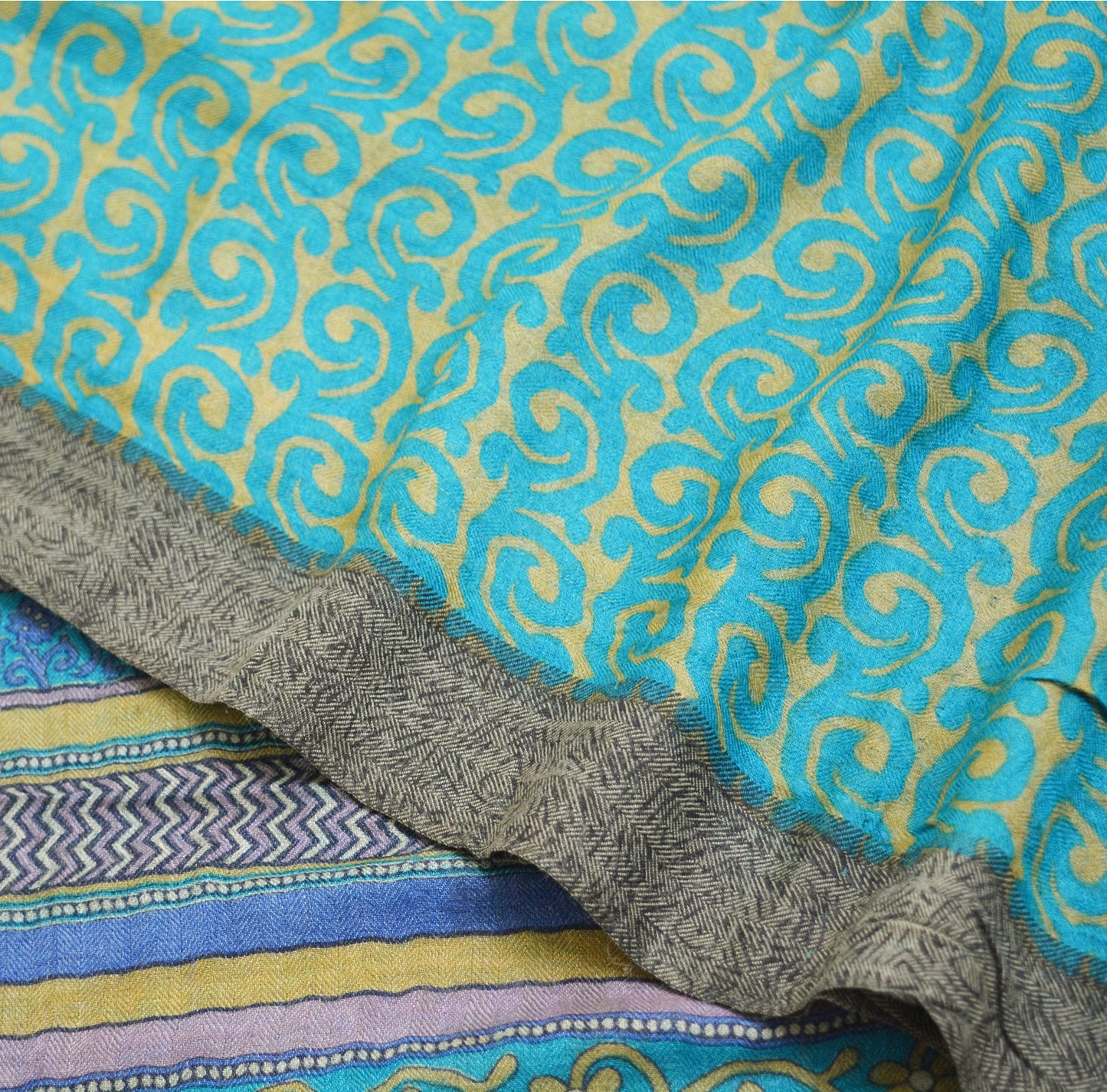 Vintage Blue & Green Heavy Saree Pure Woolen Woven Printed Indian Sari Soft Warm Fabric 5Yard Floral Woven Border