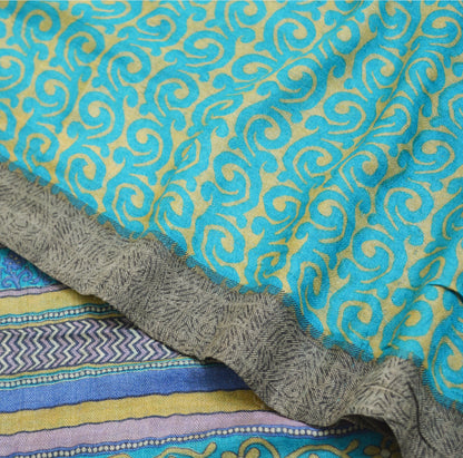 Vintage Blue & Green Heavy Saree Pure Woolen Woven Printed Indian Sari Soft Warm Fabric 5Yard Floral Woven Border