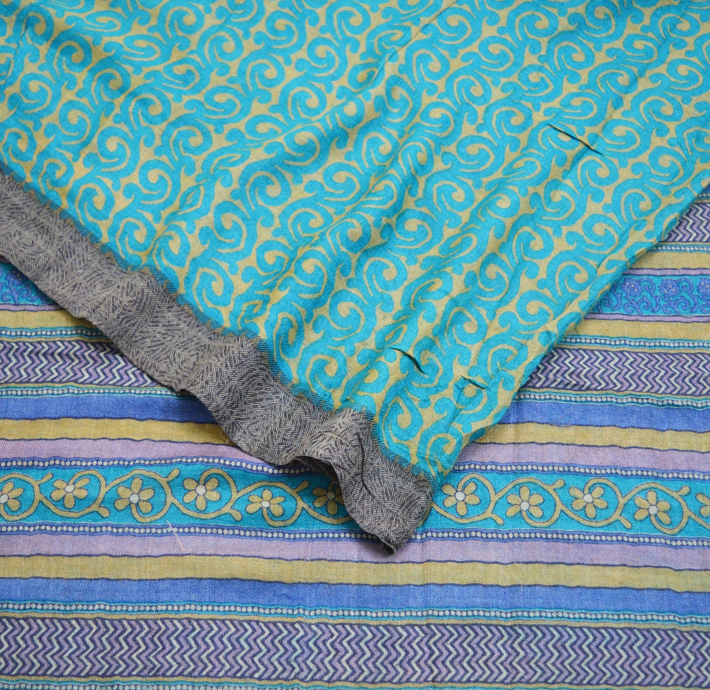 Vintage Blue & Green Heavy Saree Pure Woolen Woven Printed Indian Sari Soft Warm Fabric 5Yard Floral Woven Border