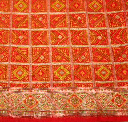 Indian Vintage Red Saree Pure Silk Hand Woven Gharchola Indian Sari Fabric 5Yd Sewing Soft Golden Zari