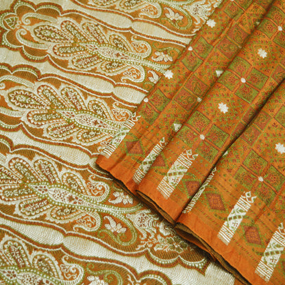 Indian Vintage Sari Saffron Heavy Wedding  Pure Satin Silk Woven Banarasi Brocade Saree Golden Zari 5Yd