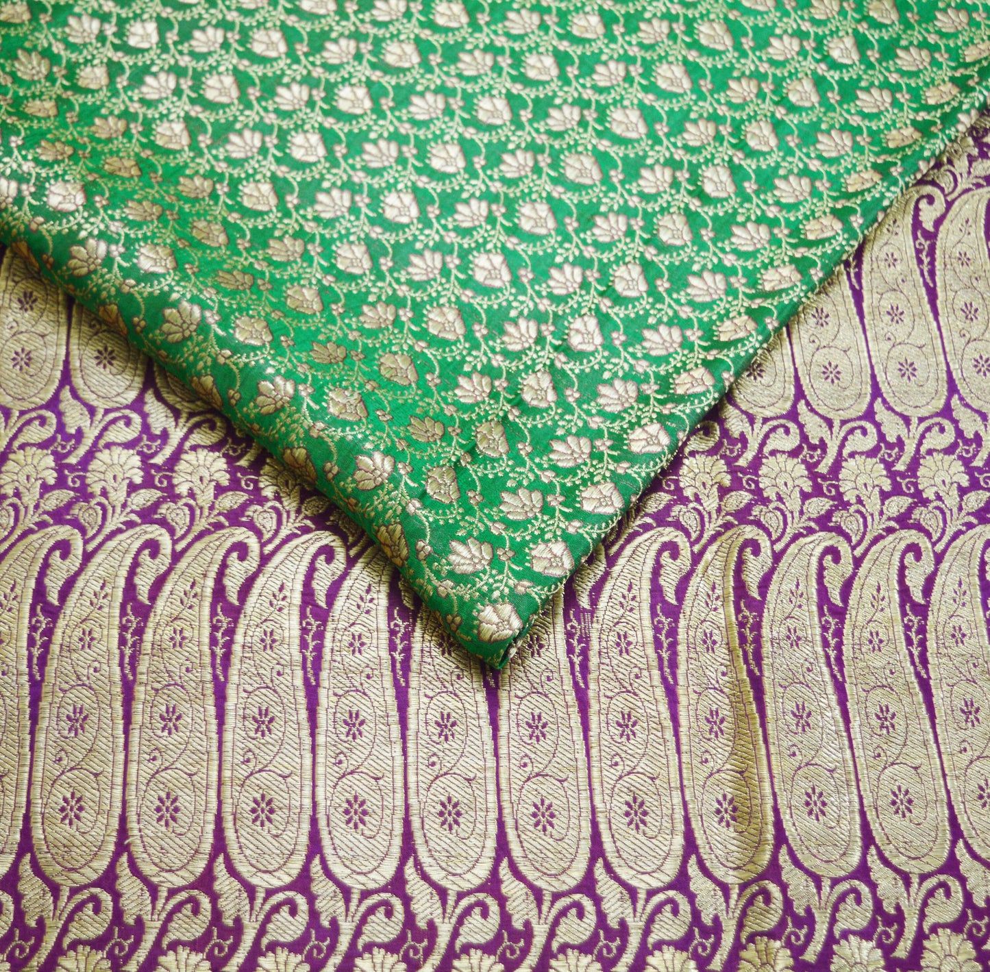 Indian Vintage Sari Green & Purple Heavy Wedding Pure Satin Silk Banarasi Brocade Saree Zari 5Yd