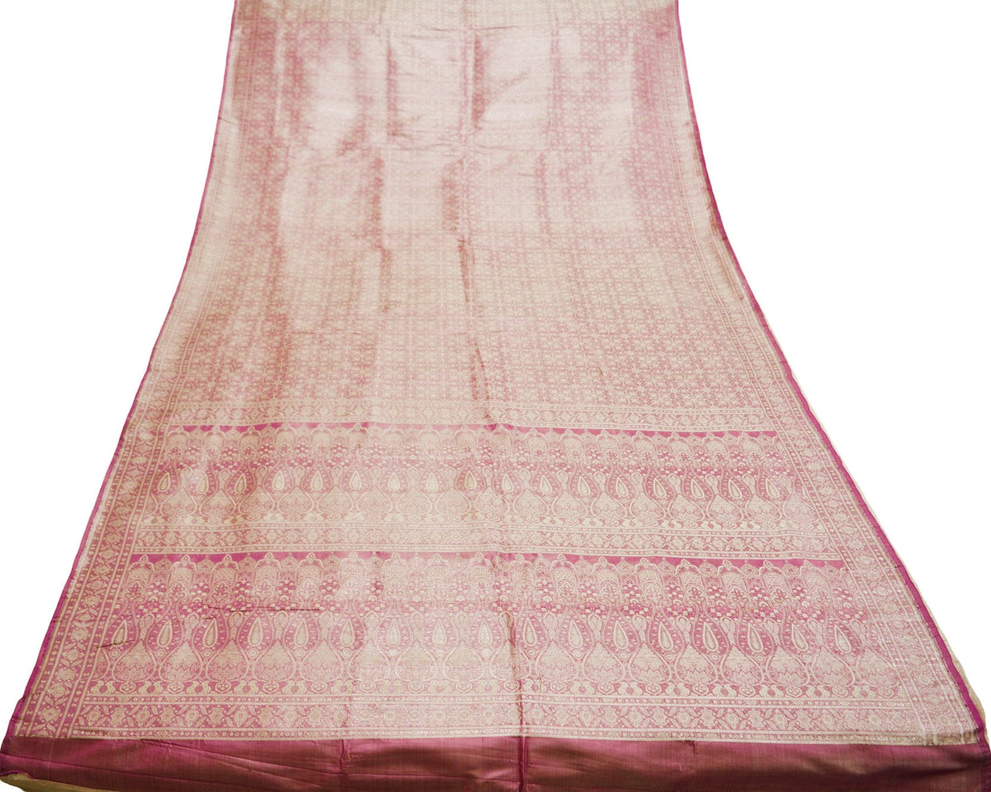 Indian Vintage Sari Pink Heavy Wedding Pure Satin Silk Woven Banarasi Brocade Saree Golden Zari 5Yard