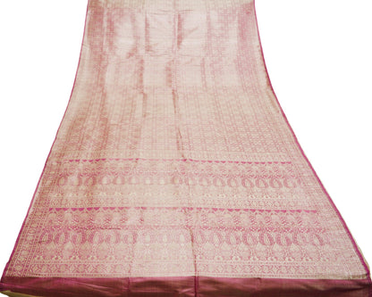 Indian Vintage Sari Pink Heavy Wedding Pure Satin Silk Woven Banarasi Brocade Saree Golden Zari 5Yard