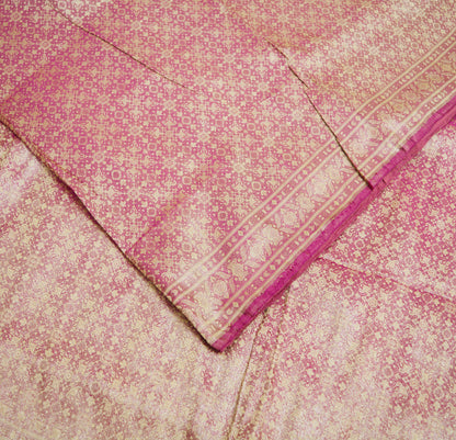 Indian Vintage Sari Pink Heavy Wedding Pure Satin Silk Woven Banarasi Brocade Saree Golden Zari 5Yard