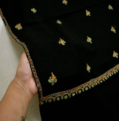 Vintage Black Pure Woolen Shawl Handmade Suzani Long Throw Stole Warm Stole Floral Design