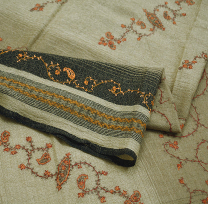 Vintage Shawl Brown Pure Woolen Handmade Suzani Long Throw Stole Warm Stole Floral Design Fringes