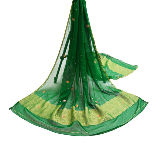 Indian Vintage Green Dupatta Pure silk Long Stole Hand Embroidered Scarves Floral Stole Veil Wrap