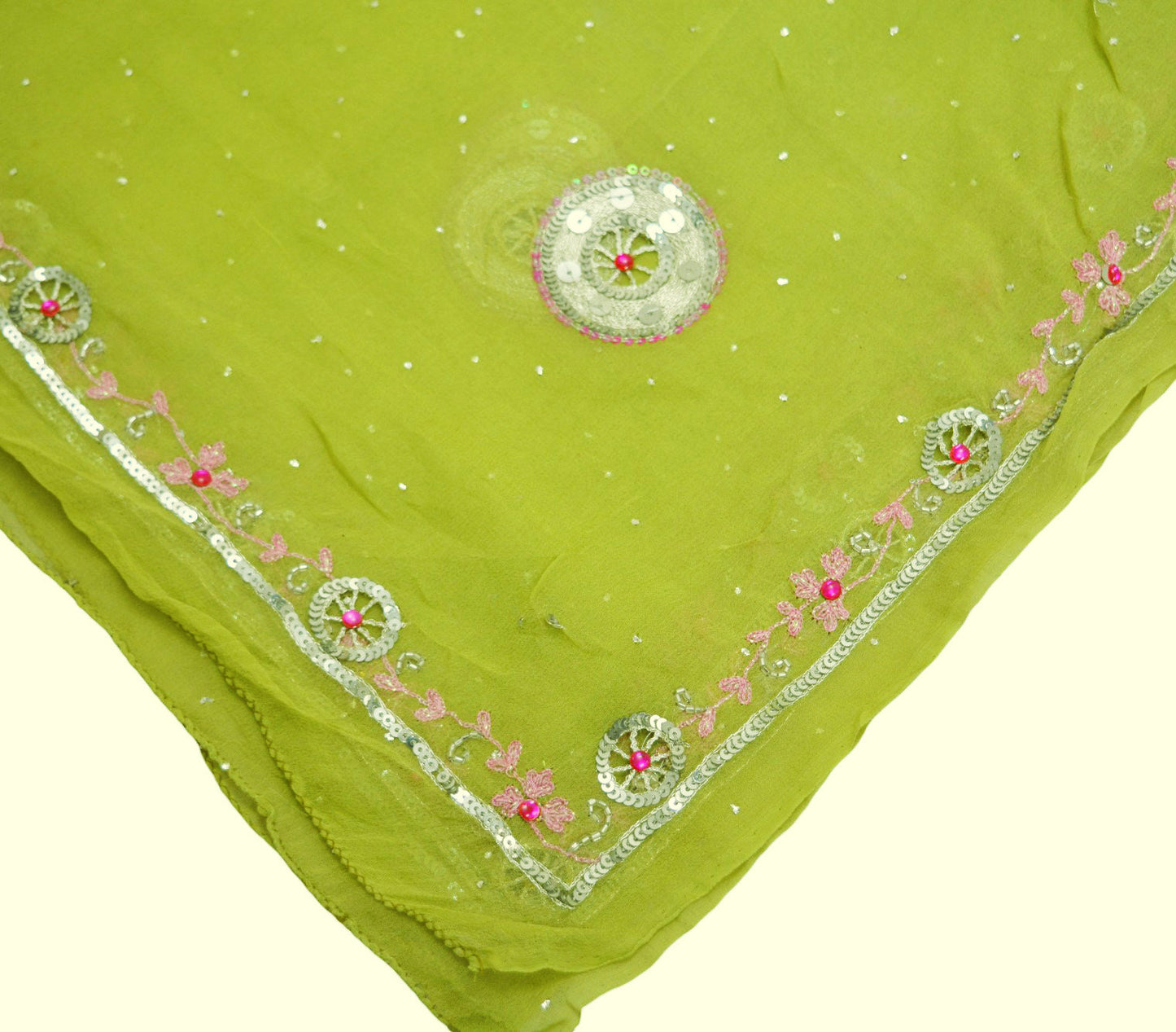 Indian Vintage Green Dupatta Pure Georgette silk Long Stole Hand Embroidered Mukesh work Scarves Sequins Stole Zardozi/dabka