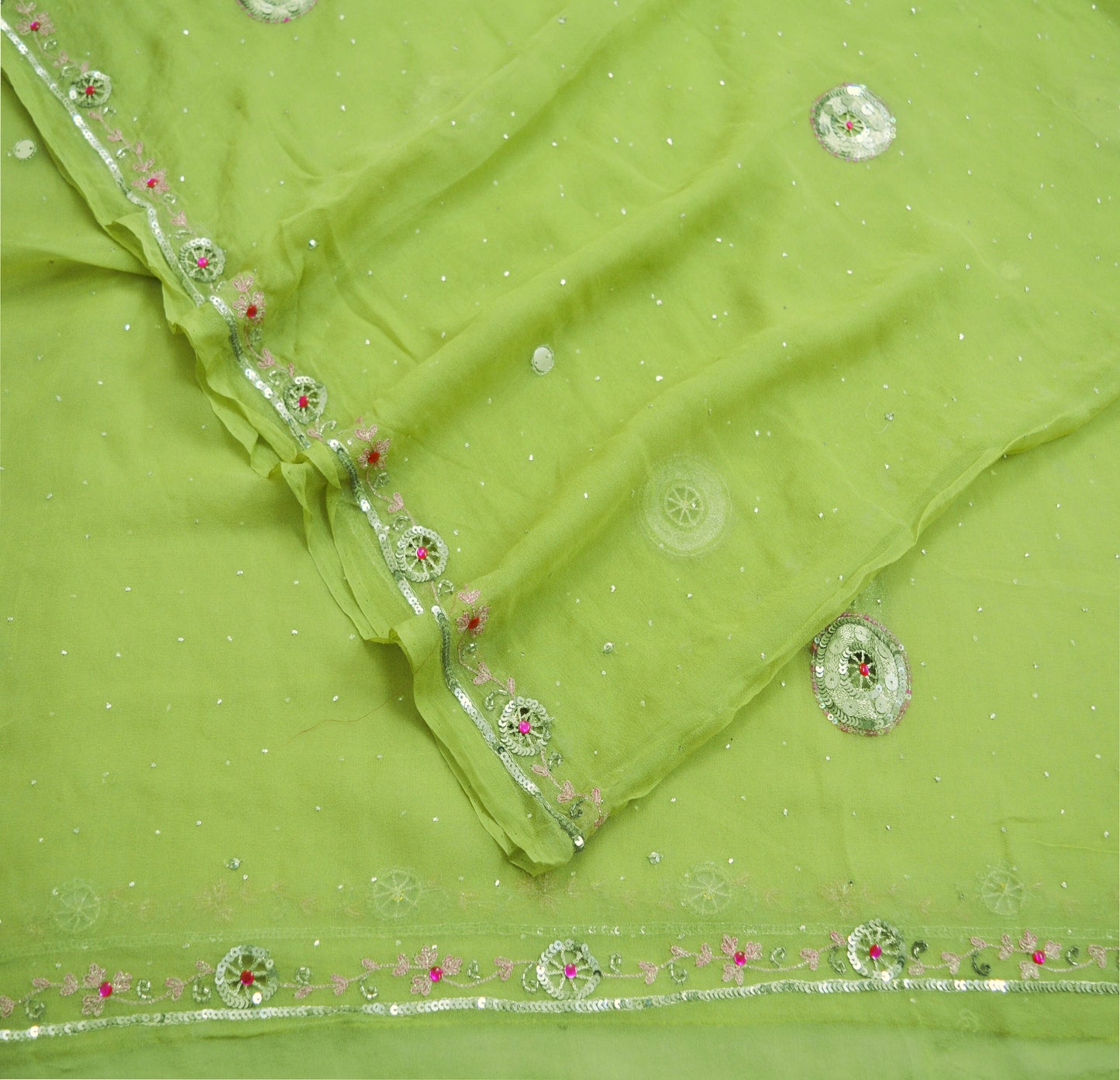 Indian Vintage Green Dupatta Pure Georgette silk Long Stole Hand Embroidered Mukesh work Scarves Sequins Stole Zardozi/dabka