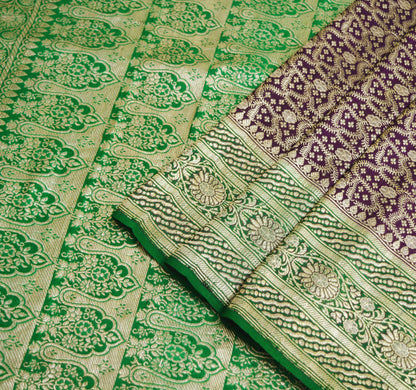 Indian Vintage Sari Green & Purple Heavy Wedding Pure Satin Silk Banarasi Brocade Saree Zari 5Yd