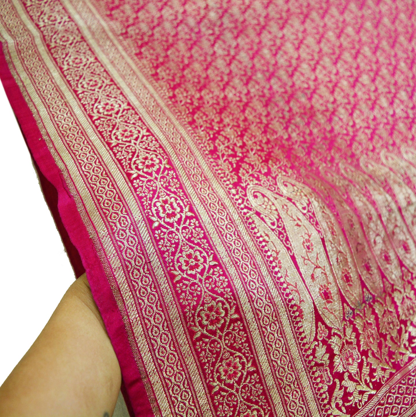 Indian Vintage Sari Heavy Wedding Pure Satin Silk Rani Pink saree Banarasi Brocade Saree Golden Zari 5Yard