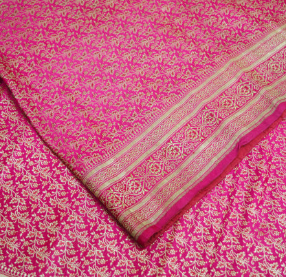 Indian Vintage Sari Heavy Wedding Pure Satin Silk Rani Pink saree Banarasi Brocade Saree Golden Zari 5Yard