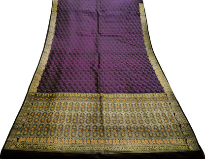 Vintage Sari Black & Purple Heavy Wedding Pure Satin Silk Woven Banarasi Brocade Saree Golden Zari 5Yard