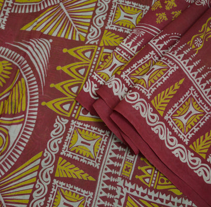 Indian Vintage Sari Maroon & Green Pure Silk Printed Saree Fabric 5yard Sewing Craft DressMaking