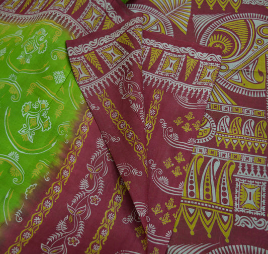 Indian Vintage Sari Maroon & Green Pure Silk Printed Saree Fabric 5yard Sewing Craft DressMaking