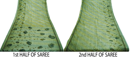 Indian Vintage Sari Green Pure Silk Printed Saree Fabric 6yd Sewing Craft DressMaking  Soft Floral Design