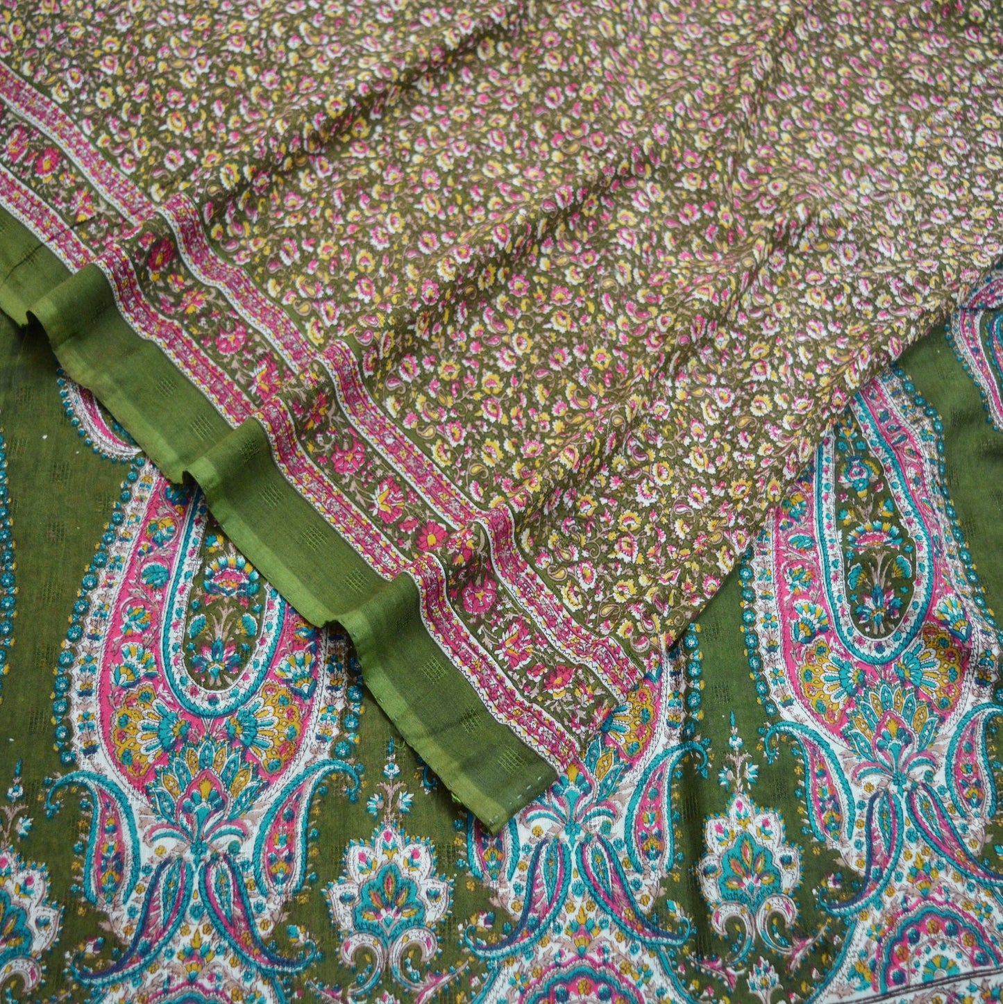 Indian Vintage Sari Green Printed Pure Cotton Saree Craft Soft Fabric 5Yard Sewing Sarong Wrap Boho Floral