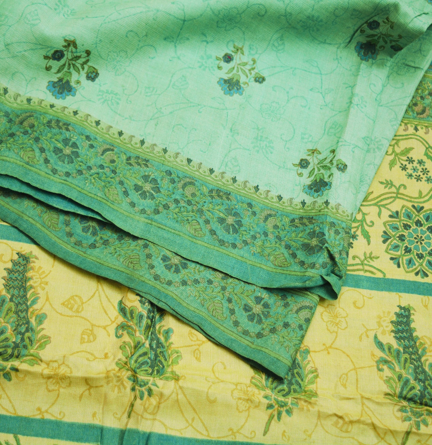 Vintage Green Heavy Saree Pure Woolen Woven Printed Indian Sari Soft Warm Fabric 5Yard Zigzag Woven Border Fringes