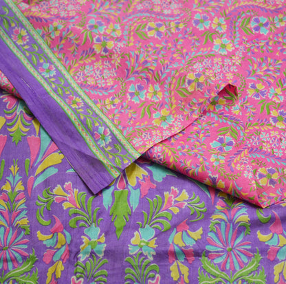 Indian Vintage Sari Purple & Pink 100% Pure Silk Printed Saree Fabric 6yard Sewing Craft DressMaking  Soft Floral