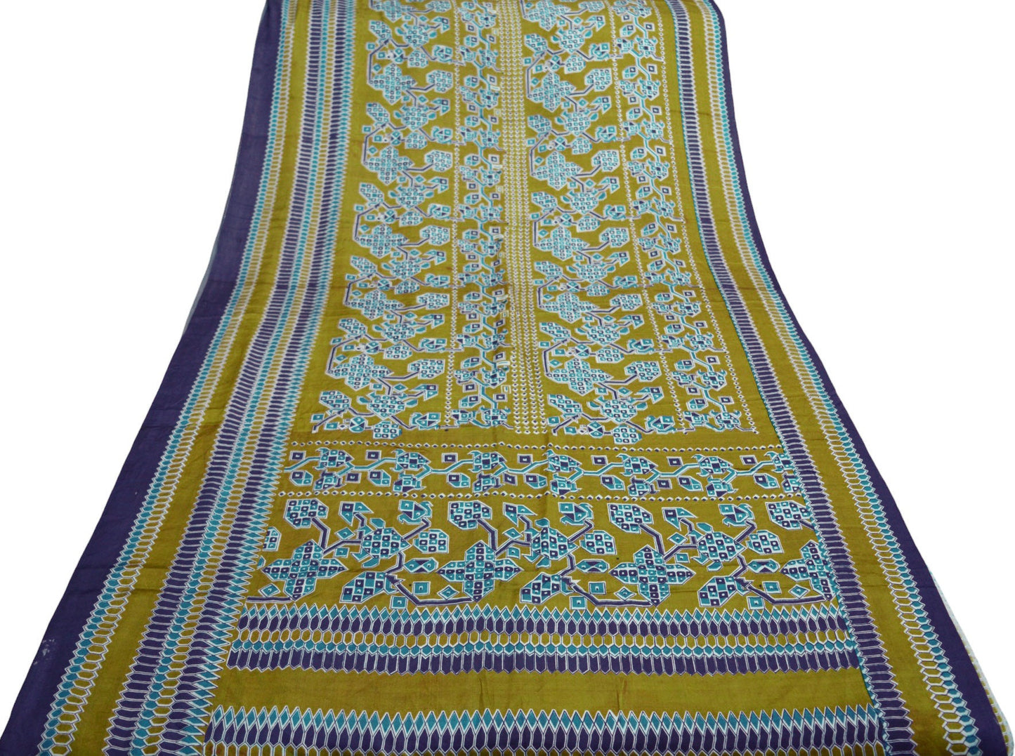 Vintage Sari Blue & Green 100% Pure Satin Silk Printed Saree Fabric 5yard Sewing Soft Dress Designing for Crafting