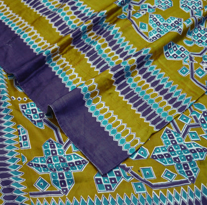 Vintage Sari Blue & Green 100% Pure Satin Silk Printed Saree Fabric 5yard Sewing Soft Dress Designing for Crafting