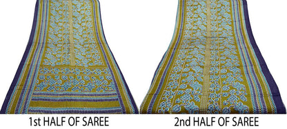 Vintage Sari Blue & Green 100% Pure Satin Silk Printed Saree Fabric 5yard Sewing Soft Dress Designing for Crafting