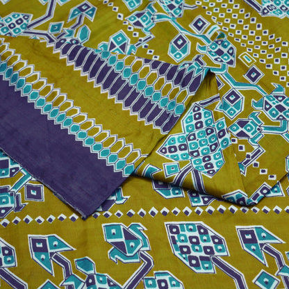 Vintage Sari Blue & Green 100% Pure Satin Silk Printed Saree Fabric 5yard Sewing Soft Dress Designing for Crafting