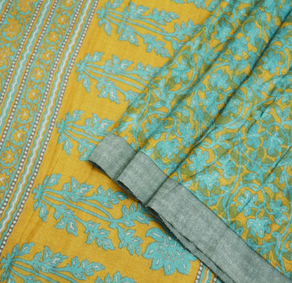 Vintage Green & Mustard Heavy Saree Pure Woolen Woven Printed Indian Sari Soft Warm Fabric 5Yard Floral Woven Border