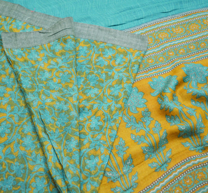 Vintage Green & Mustard Heavy Saree Pure Woolen Woven Printed Indian Sari Soft Warm Fabric 5Yard Floral Woven Border