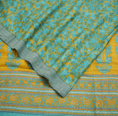 Vintage Green & Mustard Heavy Saree Pure Woolen Woven Printed Indian Sari Soft Warm Fabric 5Yard Floral Woven Border