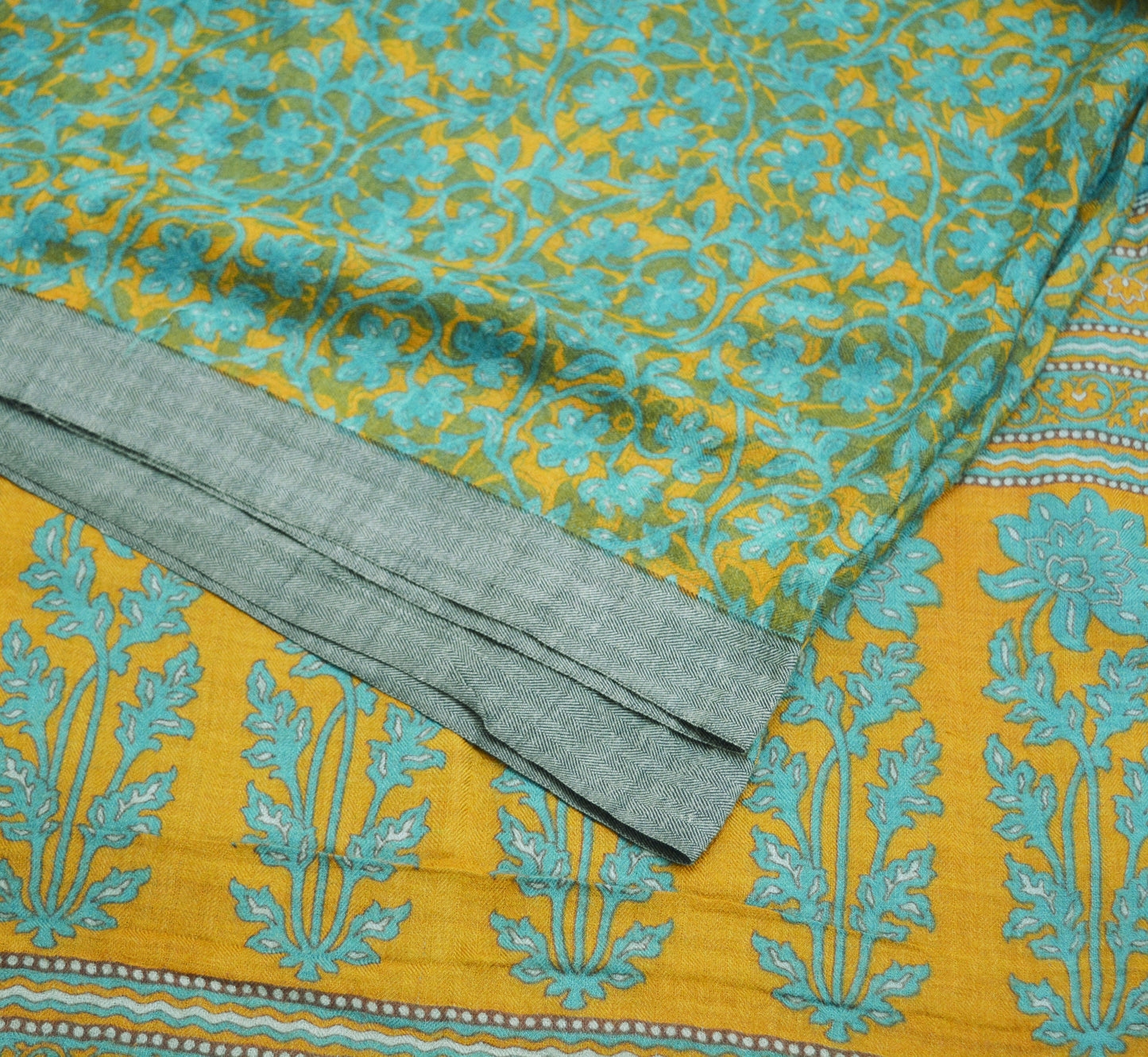 Vintage Green & Mustard Heavy Saree Pure Woolen Woven Printed Indian Sari Soft Warm Fabric 5Yard Floral Woven Border