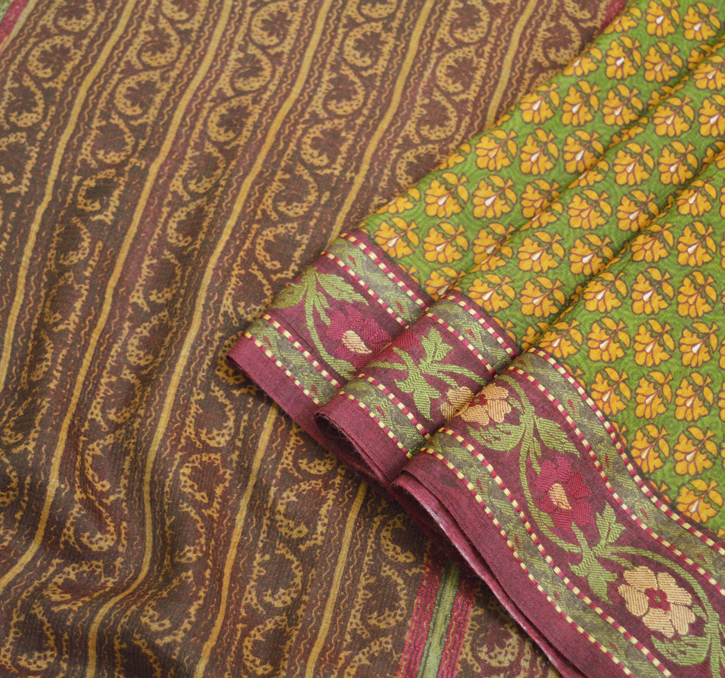 Vintage Green & Mustard Heavy Saree Pure Woolen Woven Printed Indian Sari Soft Warm Fabric 5Yard Floral Woven Border