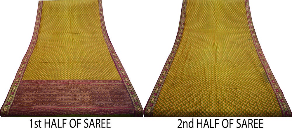 Vintage Green & Mustard Heavy Saree Pure Woolen Woven Printed Indian Sari Soft Warm Fabric 5Yard Floral Woven Border