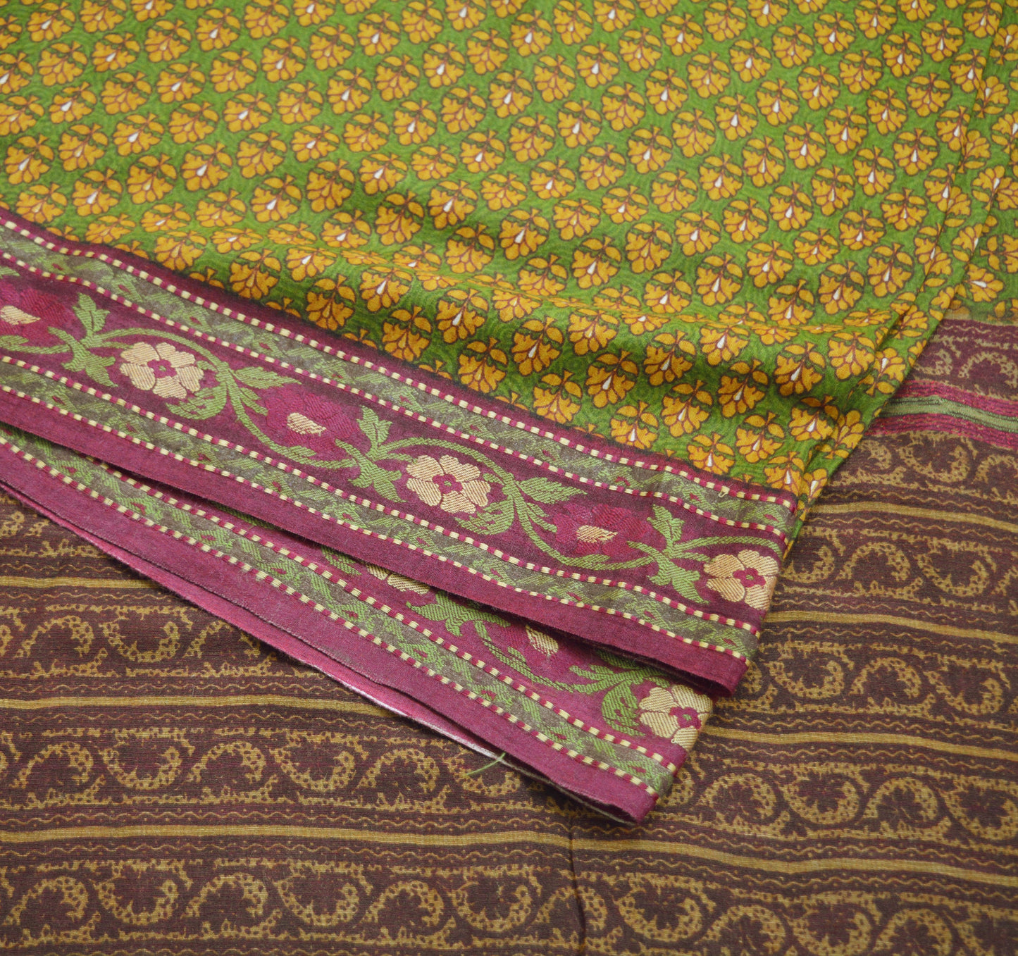 Vintage Green & Mustard Heavy Saree Pure Woolen Woven Printed Indian Sari Soft Warm Fabric 5Yard Floral Woven Border