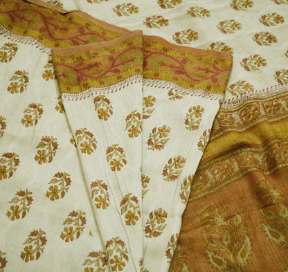 Vintage Ivory Heavy Saree Pure Woolen Woven Printed Indian Sari Soft Warm Fabric 5Yard Woven Zari