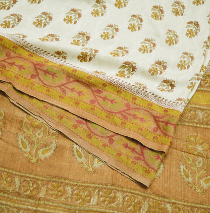 Vintage Ivory Heavy Saree Pure Woolen Woven Printed Indian Sari Soft Warm Fabric 5Yard Woven Zari