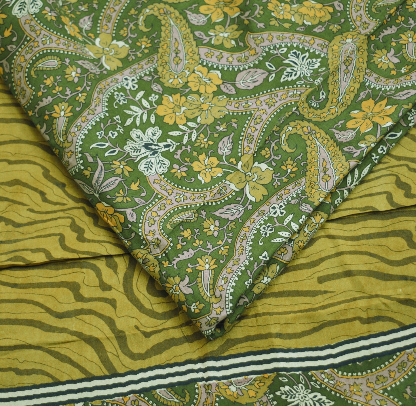 Indian Vintage Sari Green Pure Silk Printed Saree Fabric 5yd Sewing Craft DressMaking  Soft Paisley Design