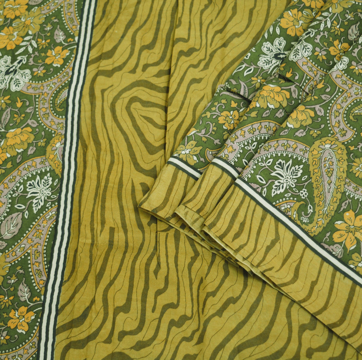 Indian Vintage Sari Green Pure Silk Printed Saree Fabric 5yd Sewing Craft DressMaking  Soft Paisley Design