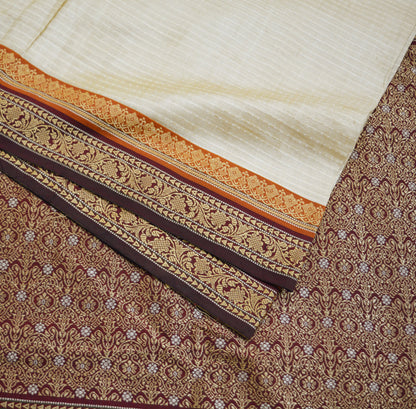 Indian Vintage Beige Saree Pure Khadi Silk Handloom Printed Indian Sari Fabric 6yard Ethnic Wear Floral