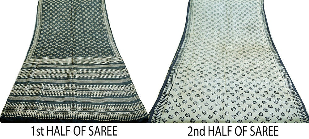 Indian Vintage Ivory & black Saree Pure Khadi Silk Handloom Printed Indian Sari Fabric 5yard Ethnic Wear Sari Floral