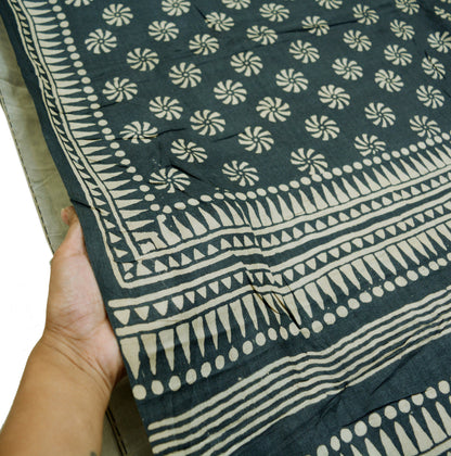 Indian Vintage Ivory & black Saree Pure Khadi Silk Handloom Printed Indian Sari Fabric 5yard Ethnic Wear Sari Floral