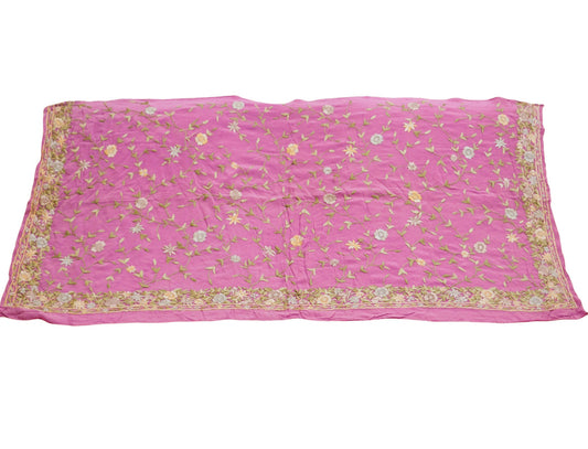 Vintage Pink Pure Crepe silk Hand Embroidered Parsi Fabric Design Indian Fabric 23"X43" Floral Design Sewing Ethnic