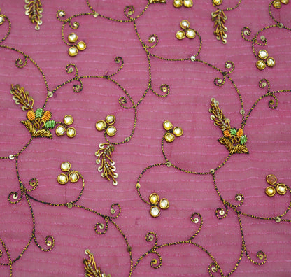 Vintage pink Georgette Hand Embroidered Design Fabric 19"X45" Golden Zardozi/Dabka/Zari Crafting Quilting