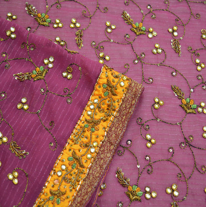 Vintage pink Georgette Hand Embroidered Design Fabric 19"X45" Golden Zardozi/Dabka/Zari Crafting Quilting