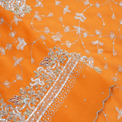 Vintage Orange Georgette Hand Embroidered Design Fabric 29"X43" Golden Zardozi/Dabka/Zari Crafting Quilting