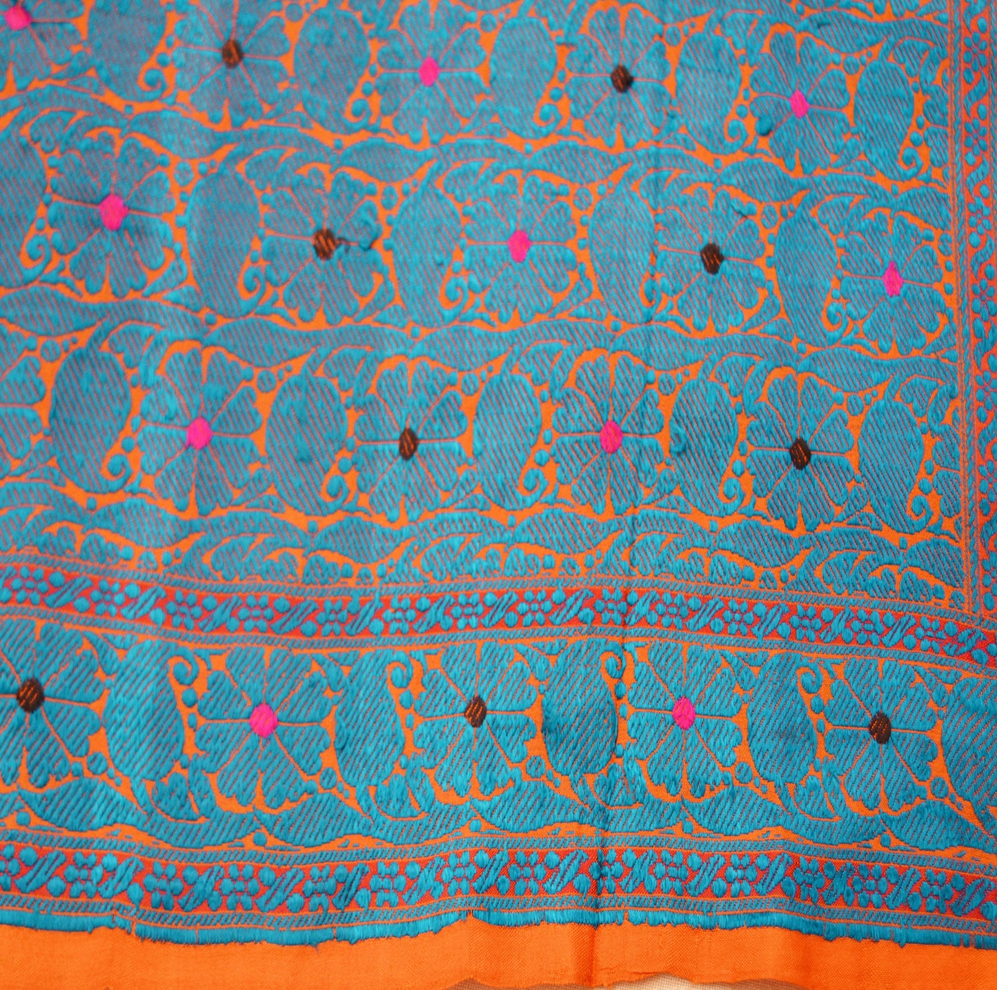 Vintage Orange 100% Pure Silk Hand Woven Design Fabric 23"X45" Floral Design Crafting Sewing Quilting