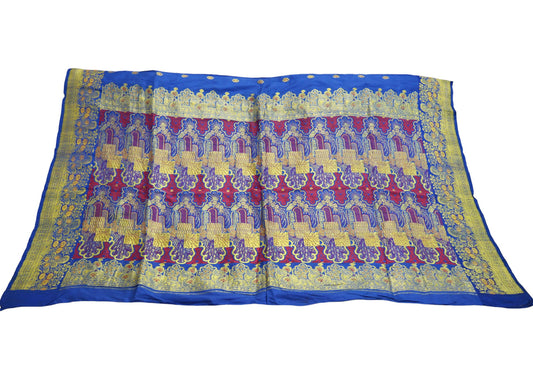 Vintage Blue Pure silk Banarasi Brocade Hand Woven Fabric Design Indian Fabric 31"X44" Floral Design Sewing