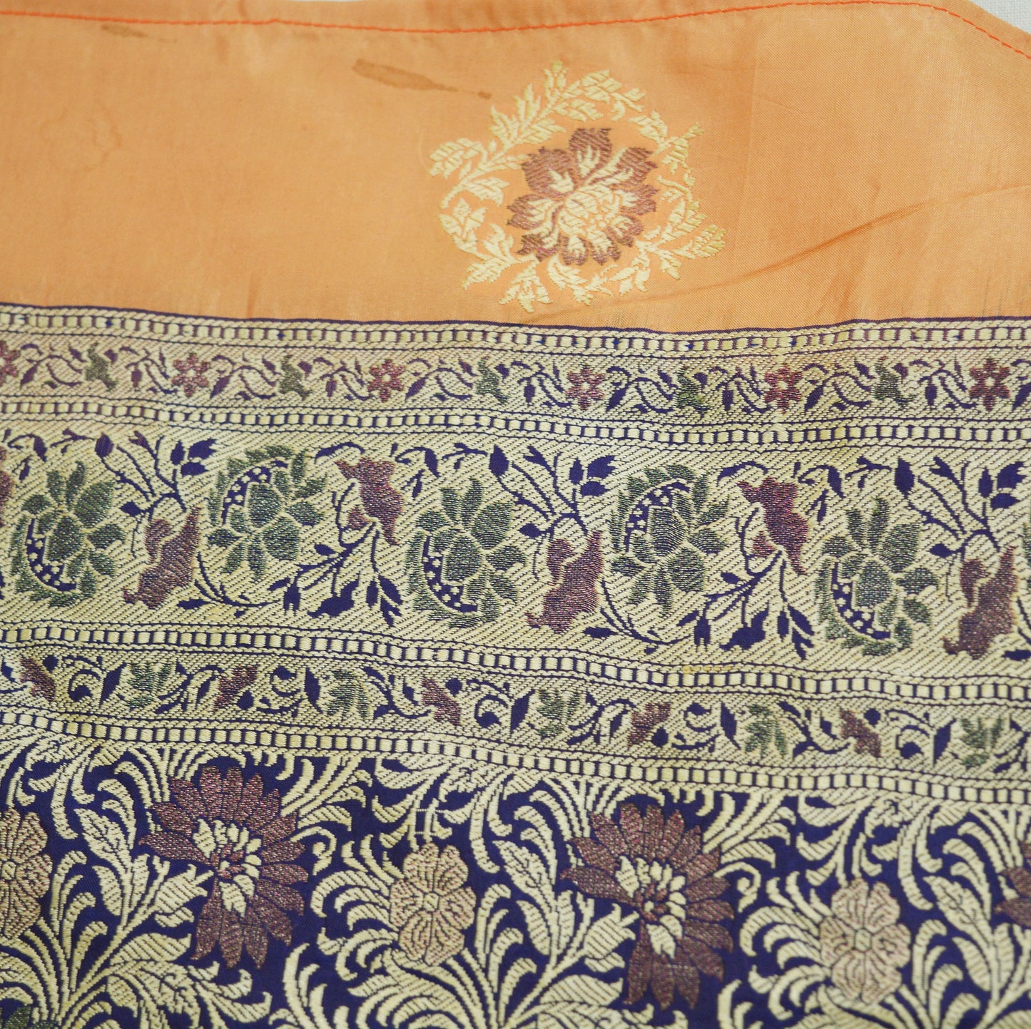 Vintage Peach & Blue Pure silk Hand Woven Fabric Design Indian Fabric 25"X43" Floral Design Sewing Ethnic